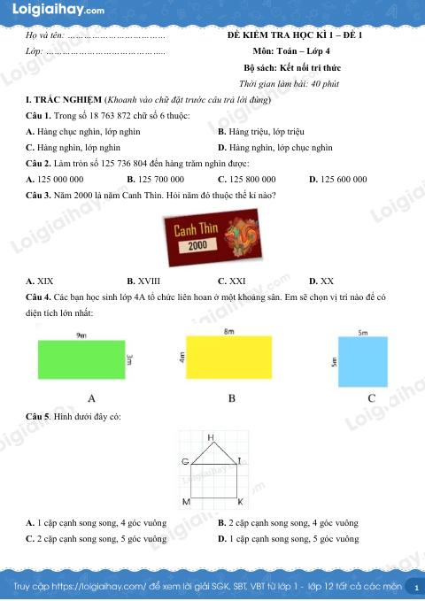Đề kiểm tra học kì 1 Toán 4 Kết nối tri thức - Đề số 1